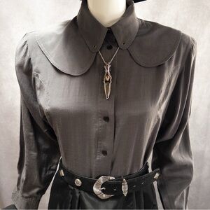 Vintage gray gothic silk blend blouse, double Peter Pan collar, size M